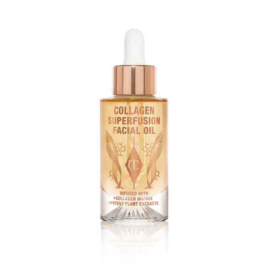 Charlotte Tilbury Collagen Superfusion Facial Oil 30ml bottle on white background with dropper and gold cap