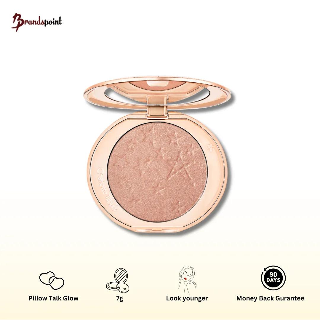 Charlotte Tilbury Hollywood Glow Glide Face Architect Highlighter in Pillow Talk Glow - front view showing compact and golden packaging