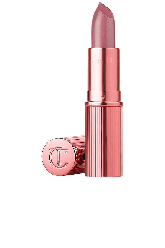 Charlotte Tilbury K.I.S.S.I.N.G Lipstick Icon Baby, luxurious gold casing and creamy rosy nude satin finish.