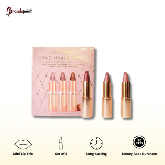 Charlotte Tilbury Mini Lip Trio set of three lipstick tubes in Pillow Talk Medium, Walk of No Shame, and Stoned Rose