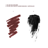 Swatches showing Pillow Talk eyeliner shade and mascara effect on eyes