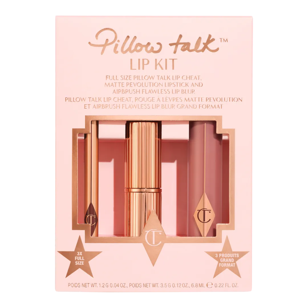Charlotte Tilbury Pillow Talk Lip Kit set of three full-size products laid flat