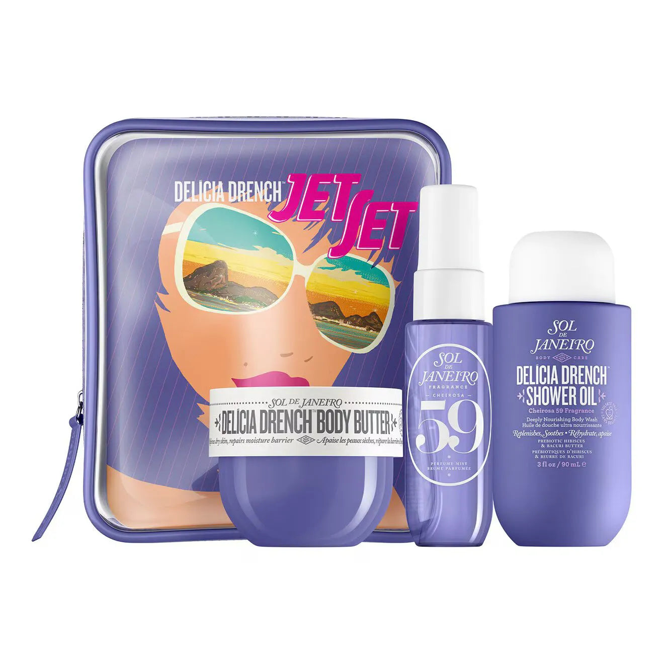 Delícia Drench Jet Set travel size body butter, shower oil, and perfume mist by Sol de Janeiro