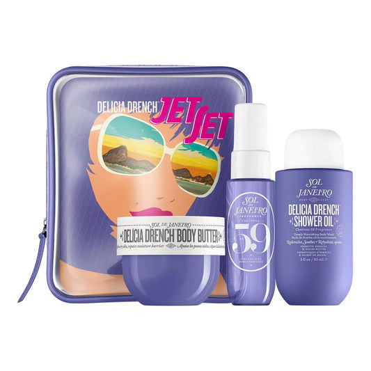 Delícia Drench Jet Set travel size body butter, shower oil, and perfume mist by Sol de Janeiro