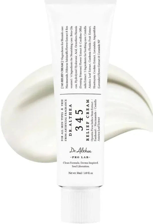 Dr.Althea 345 Relief Cream tube packaging - soothing moisturizer for sensitive skin with Centella Asiatica