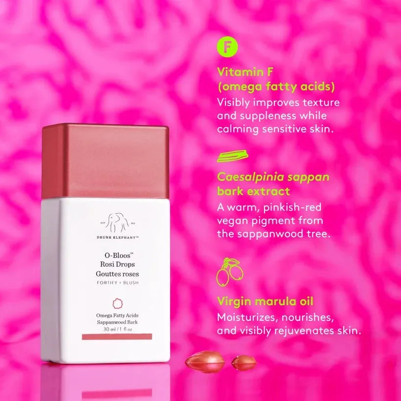 Model with Drunk Elephant O-Bloos Rosi Drops giving a natural rosy glow