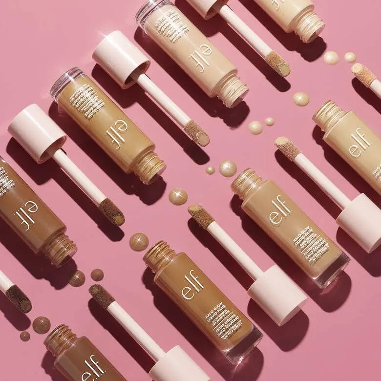 E.L.F. Halo Glow Liquid Filter shade range display - 12 shades from light to deep