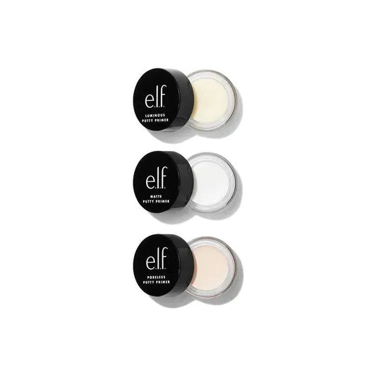 E.L.F. Putty Primer Trio packaging showing three jars: Poreless, Matte, and Luminous primers for flawless makeup base.