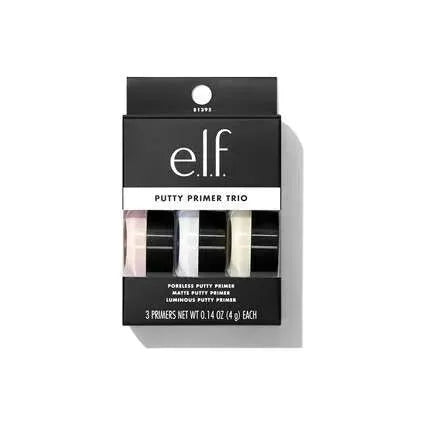 Detail shot of E.L.F. Putty Primer Trio contents showing travel-size jars and unique textures.