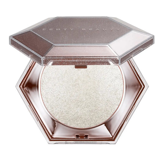 Fenty Beauty Diamond Bomb highlighter swatch in shade How Many Carats?! pure platinum sparkle