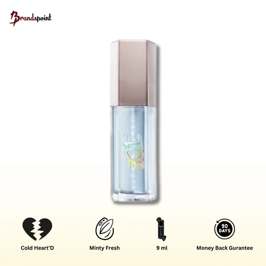 Fenty Beauty Gloss Bomb Ice Cold heart’d translucent lip gloss with cooling mint effect, showing XXL wand