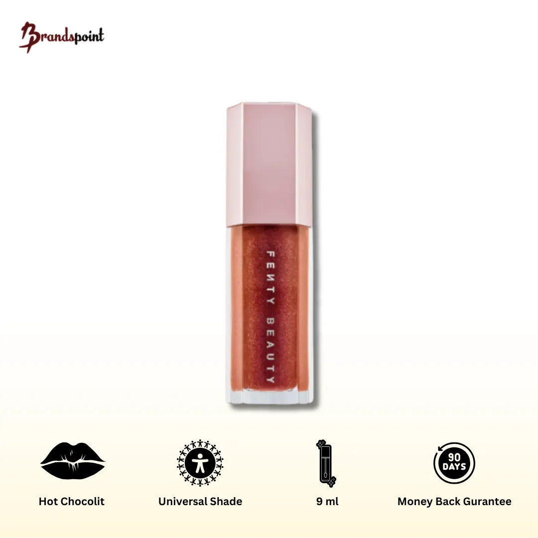 Fenty Beauty Gloss Bomb Lip Luminizer Hot Choclit product packaging front view on white background