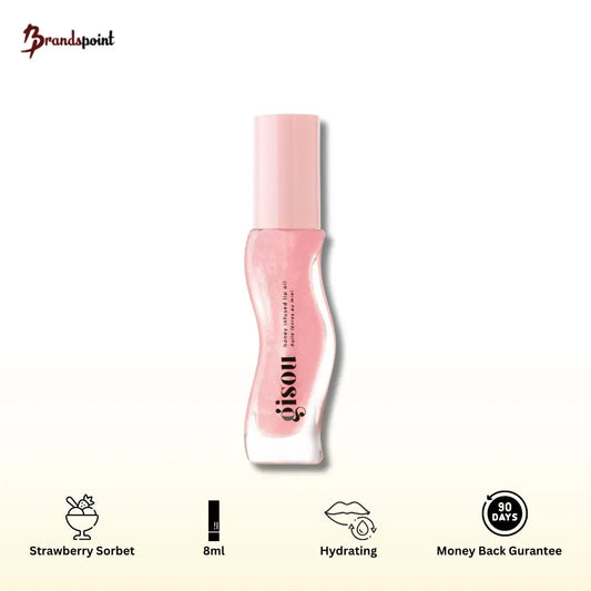Gisou Honey Infused Lip Oil Strawberry Sorbet product shot on white background showing packaging with golden cap and honeycomb design