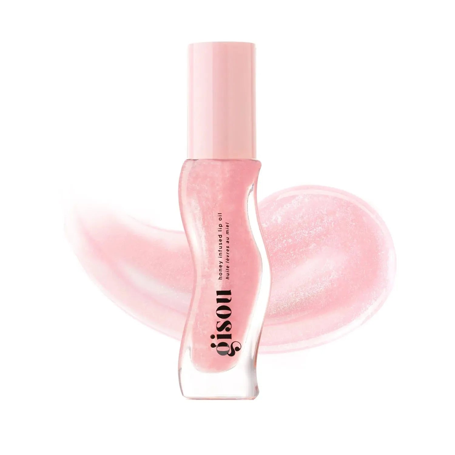 Close-up of Gisou Honey Infused Lip Oil applicator wand with strawberry sorbet tinted oil, highlighting glossy texture