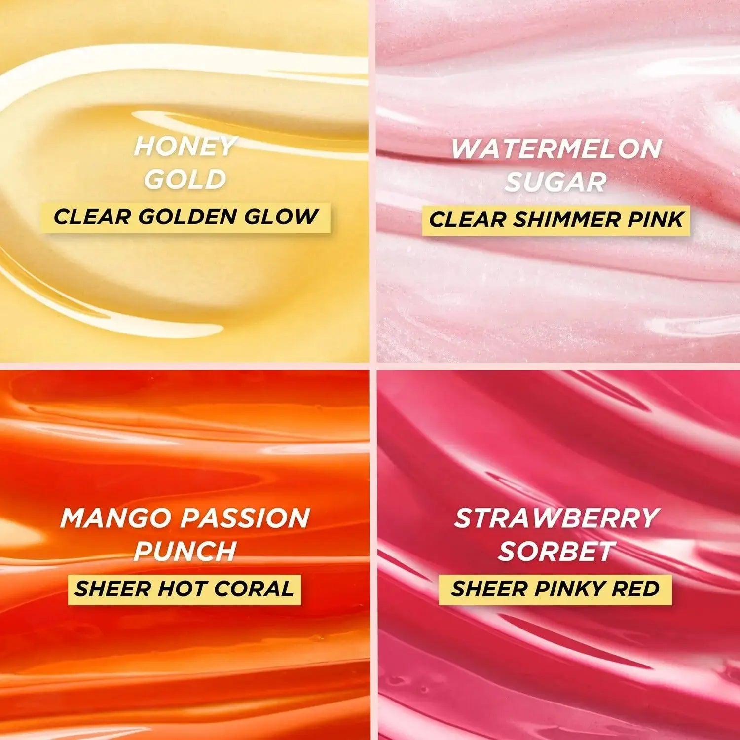 Gisou Honey Infused Lip Oil swatch on skin showing glossy strawberry sorbet shade with golden shine