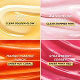 Gisou Honey Infused Lip Oil swatch on skin showing glossy strawberry sorbet shade with golden shine