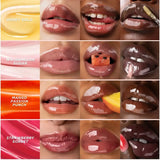 Model wearing Gisou Honey Infused Lip Oil Strawberry Sorbet with naturally plump and glossy lips, headshot
