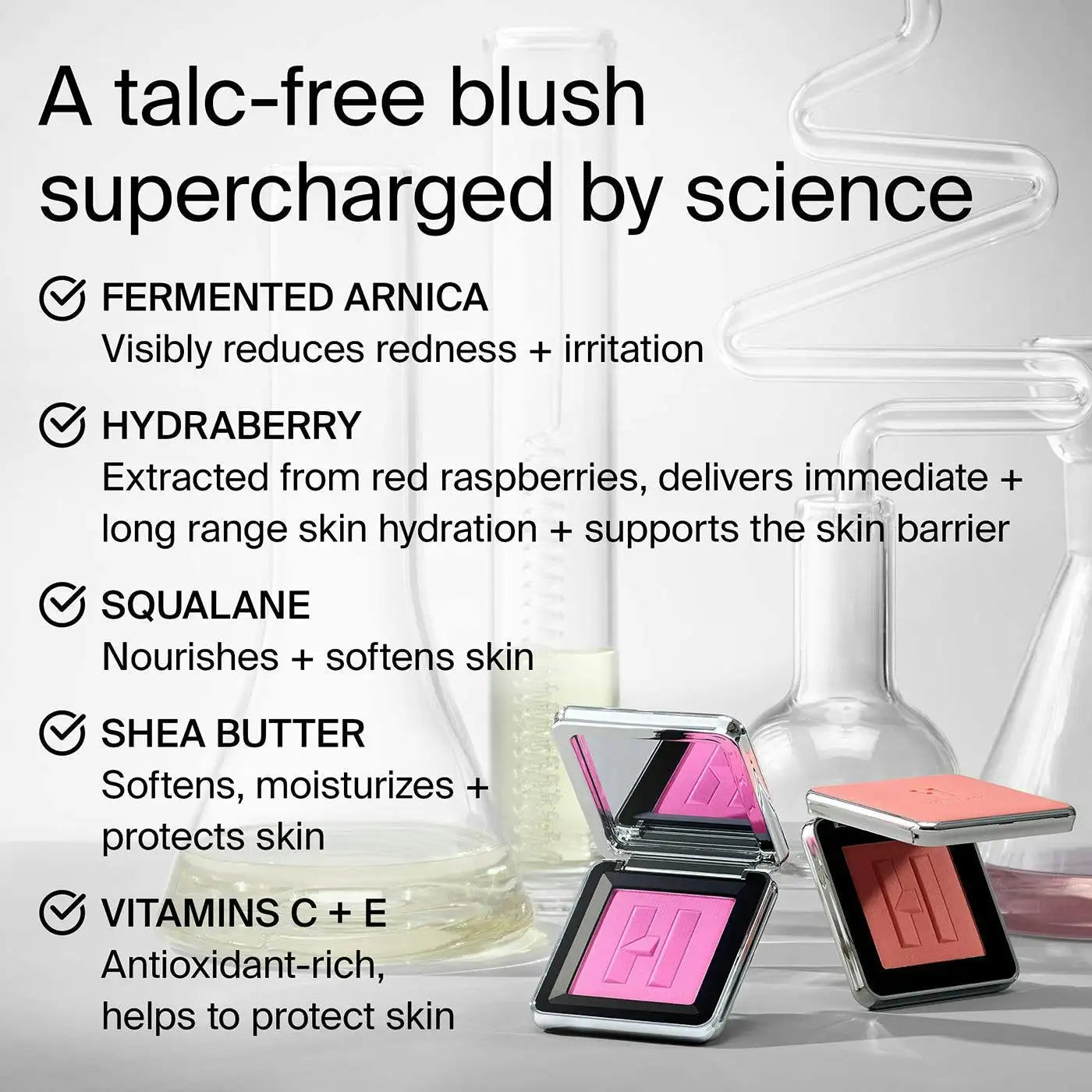 Close-up of Haus Labs Color Fuse Blush Watermelon Bliss ingredients including fermented arnica and hydraberry