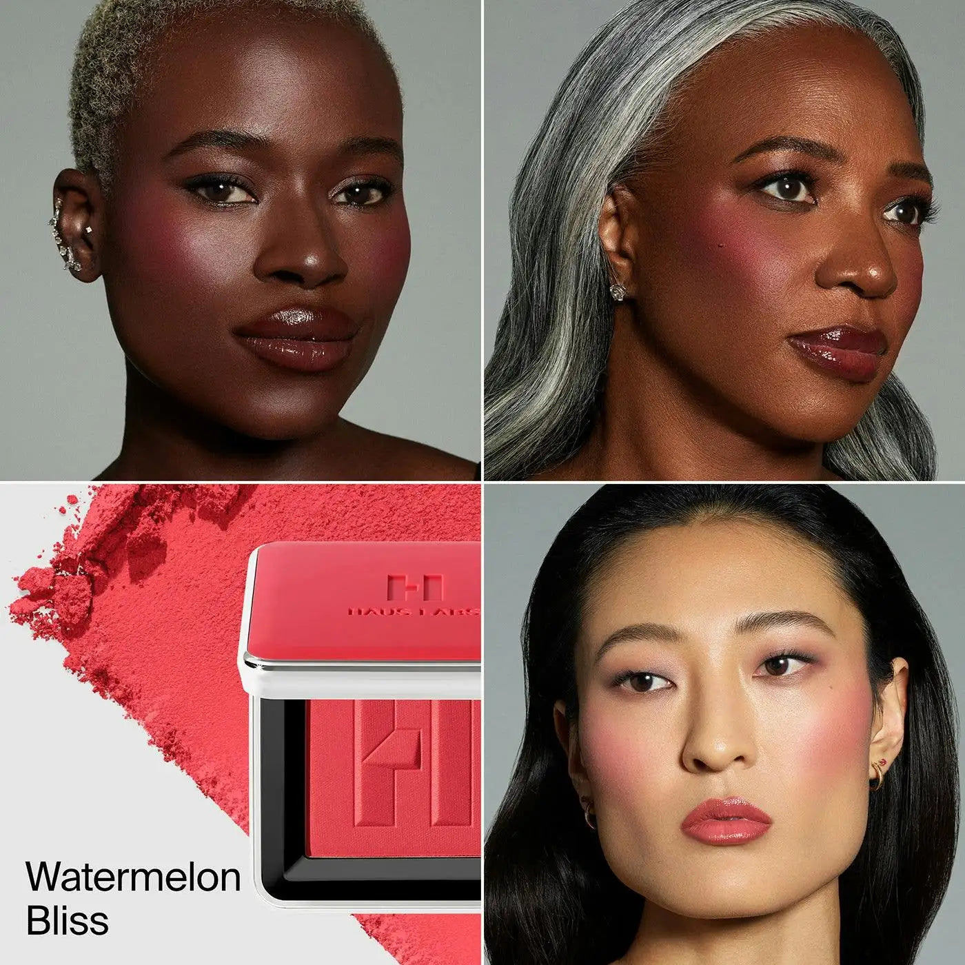 Haus Labs Color Fuse Blush Watermelon Bliss compact opened with applicator and powder