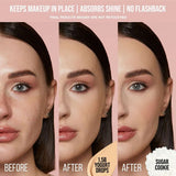 Three-step application guide for Huda Beauty Easy Bake Loose Powder in Sugar Cookie shade