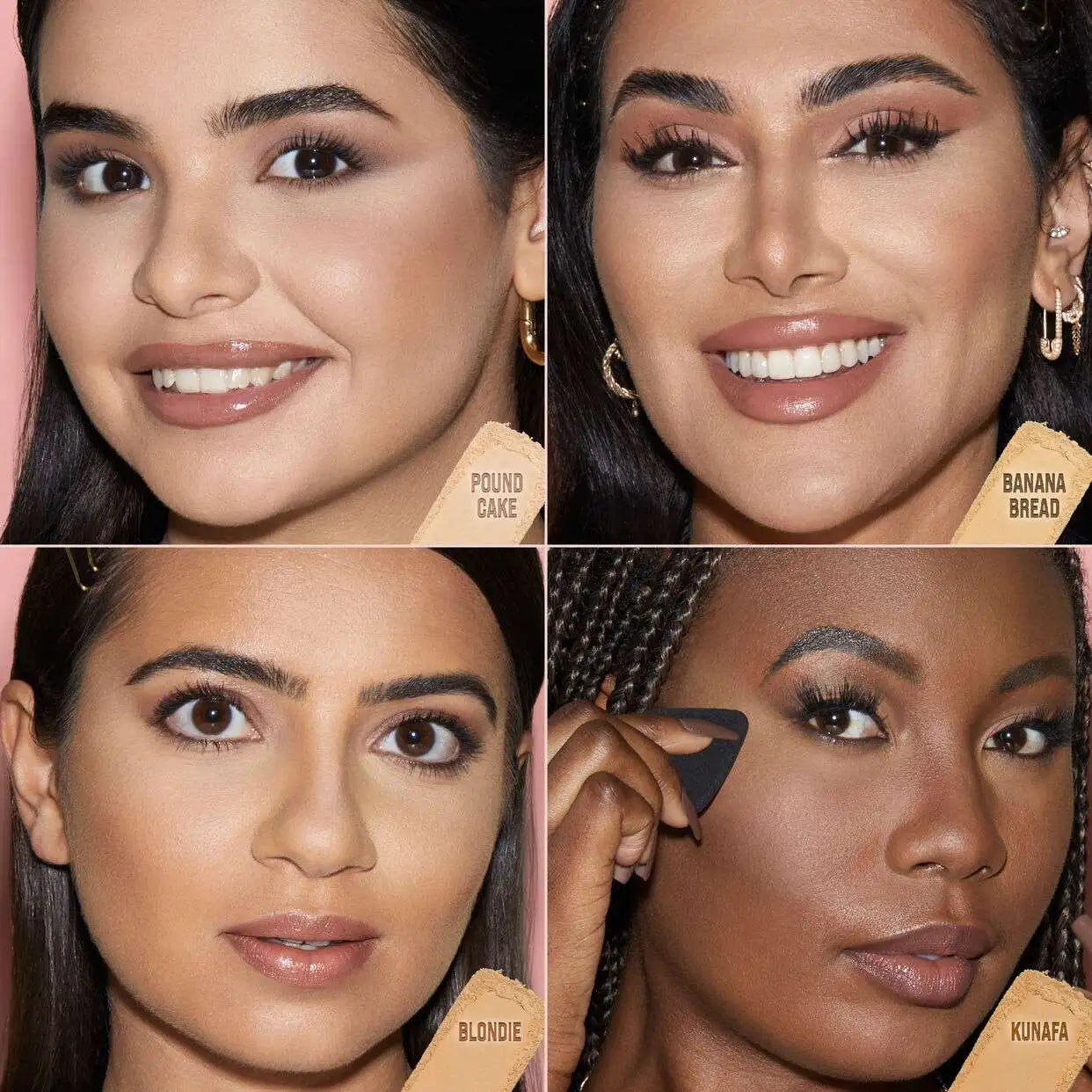 Huda Beauty Easy Bake Pressed Powder shade navigation grid showing Banana Bread