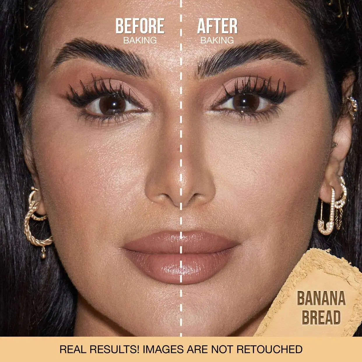 Huda Beauty Easy Bake Pressed Powder Banana Bread application to lift and brighten under eyes
