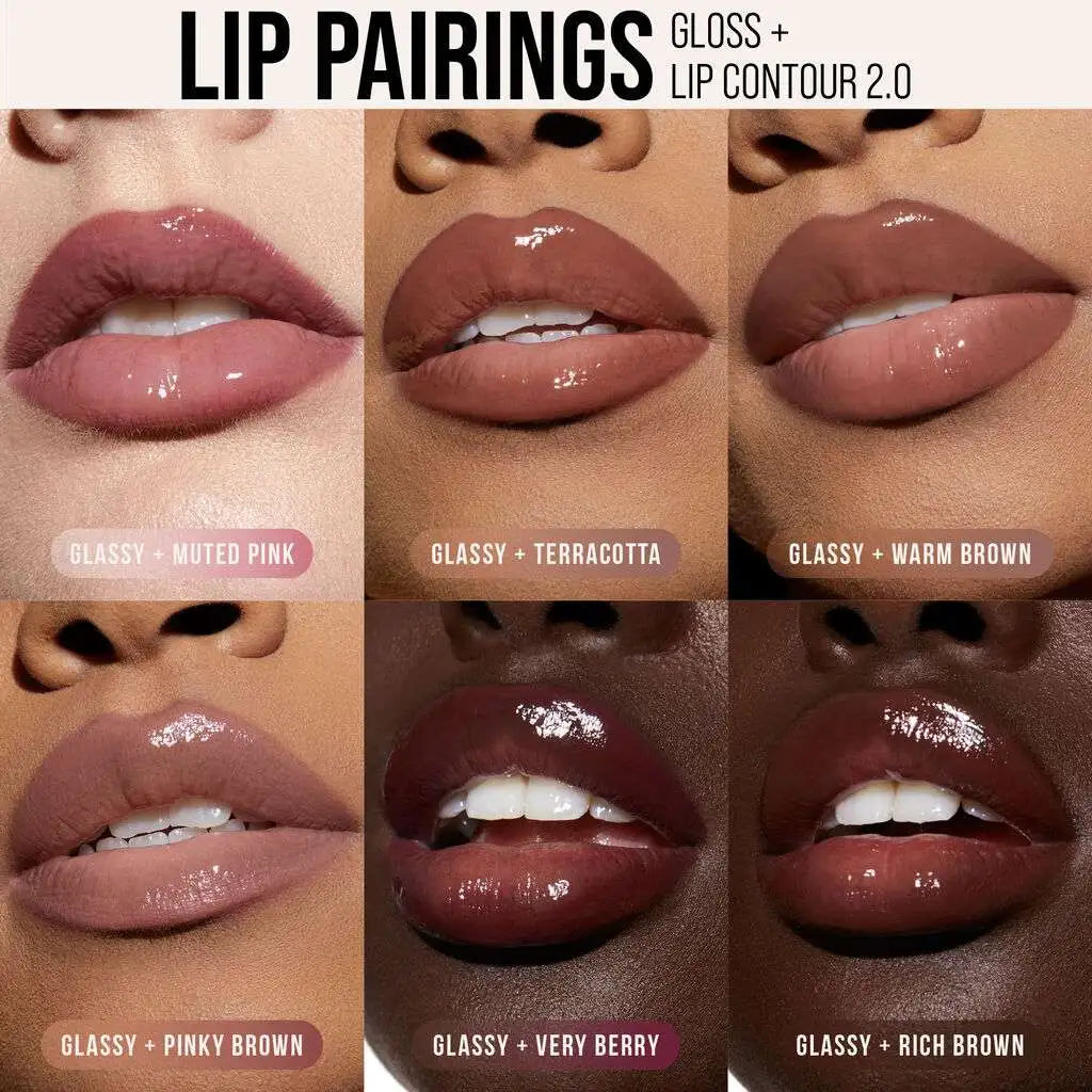 Huda Beauty Faux Filler Lip Gloss Glassy shade pairing with lip liner