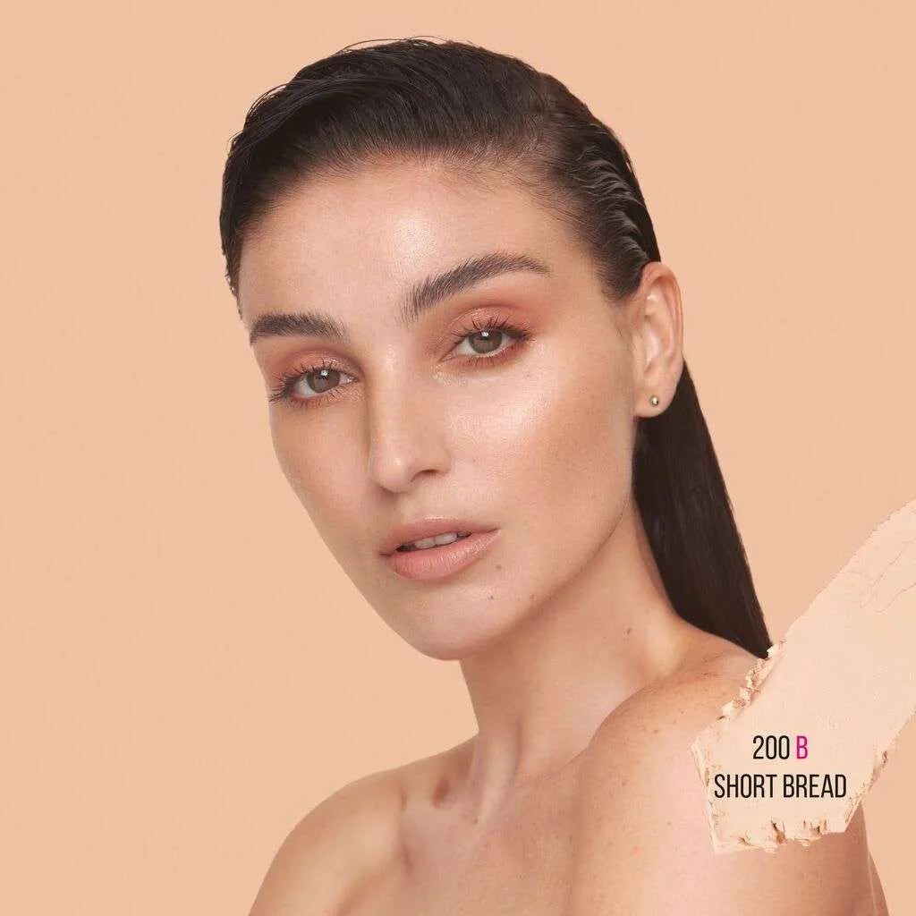 Close-up of Huda Beauty FauxFilter foundation stick 200B Shortbread packaging and label