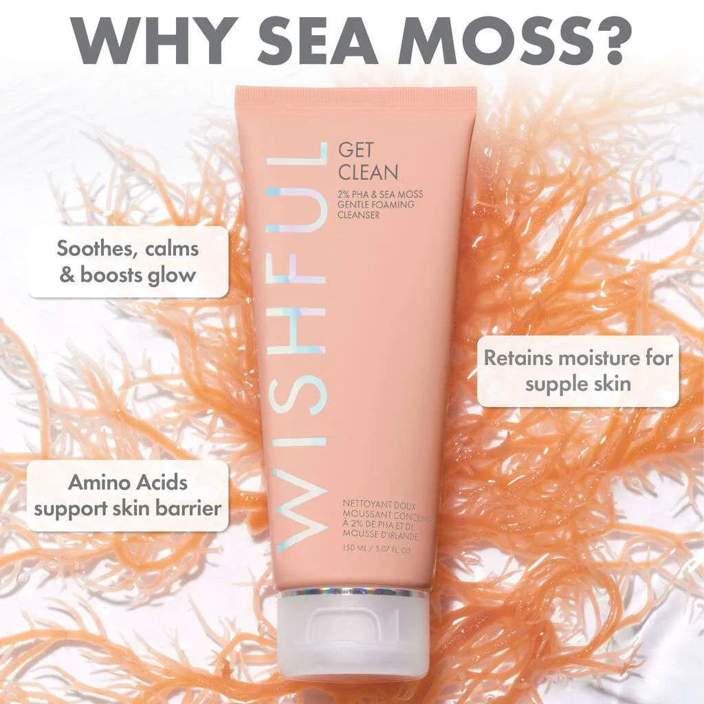 Sea Moss benefits infographic for Huda Beauty Get Clean gentle foaming cleanser with key ingredients