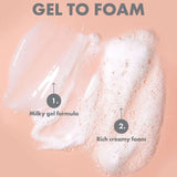Gel to foam transformation demonstration of Huda Beauty Get Clean foaming cleanser texture