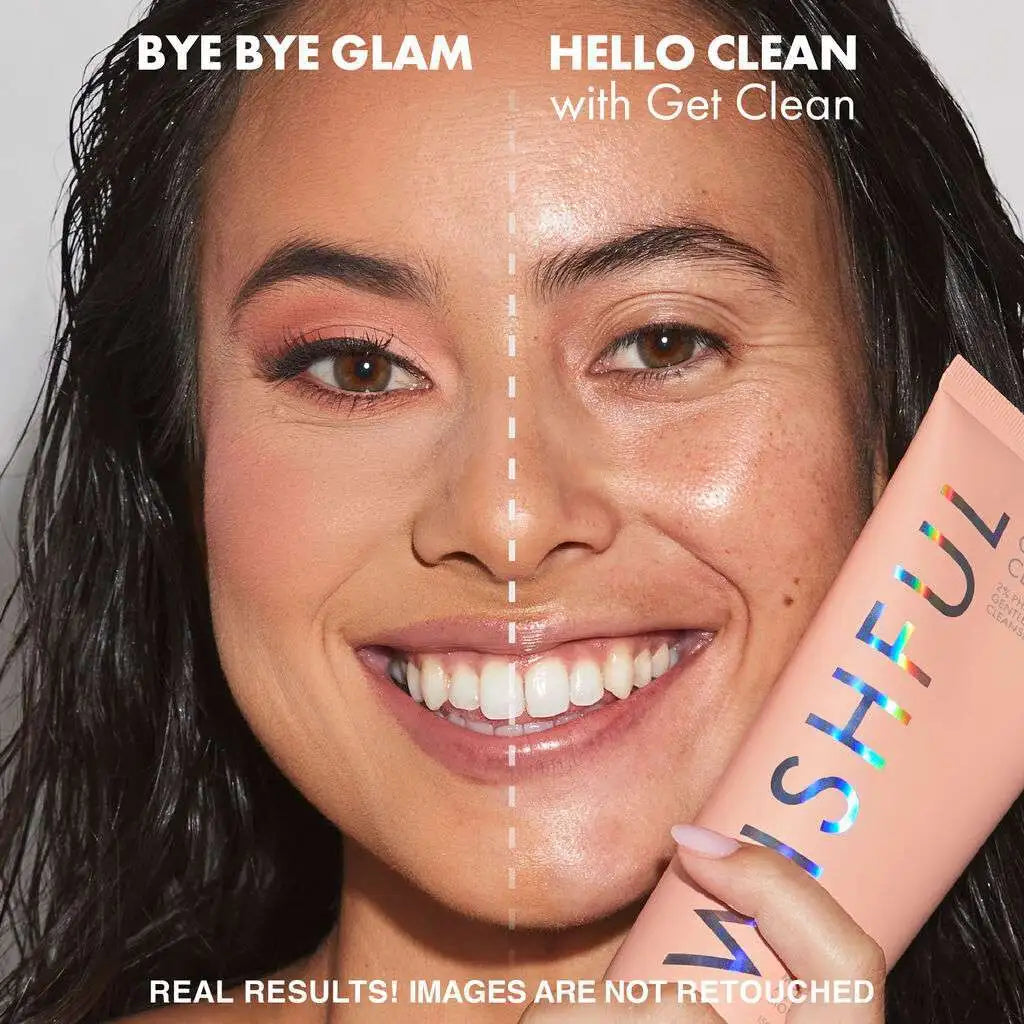 Model applying Huda Beauty Get Clean foaming cleanser on her face for deep cleanse routine