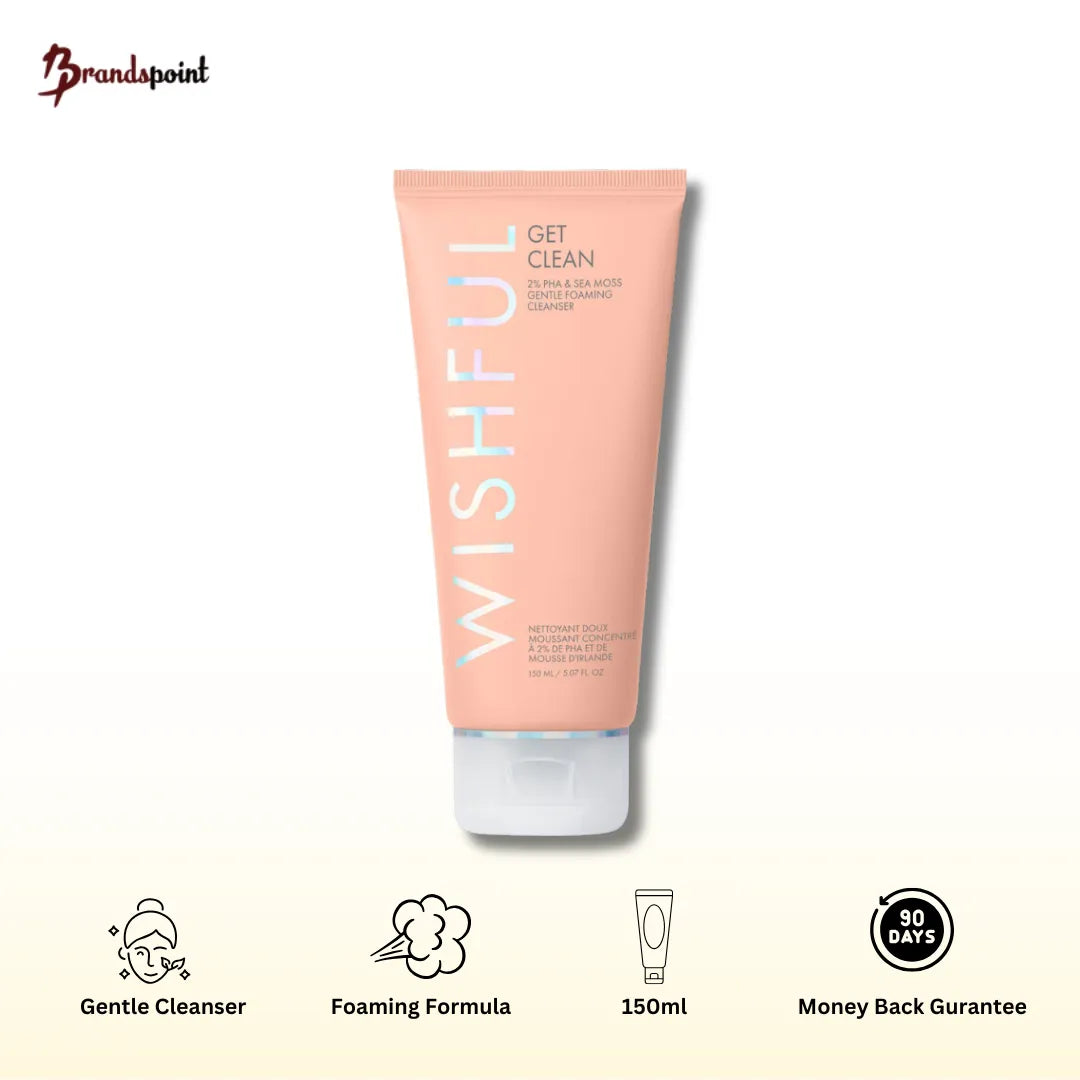 Huda Beauty Wishful Get Clean 2% PHA and Sea Moss Gentle Foaming Cleanser 150 ml product bottle front view