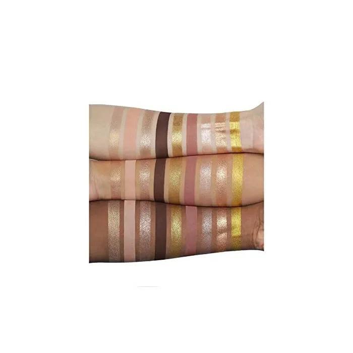 Swatches of Huda Beauty Gold Obsessions eyeshadows in gold, bronze, and champagne tones