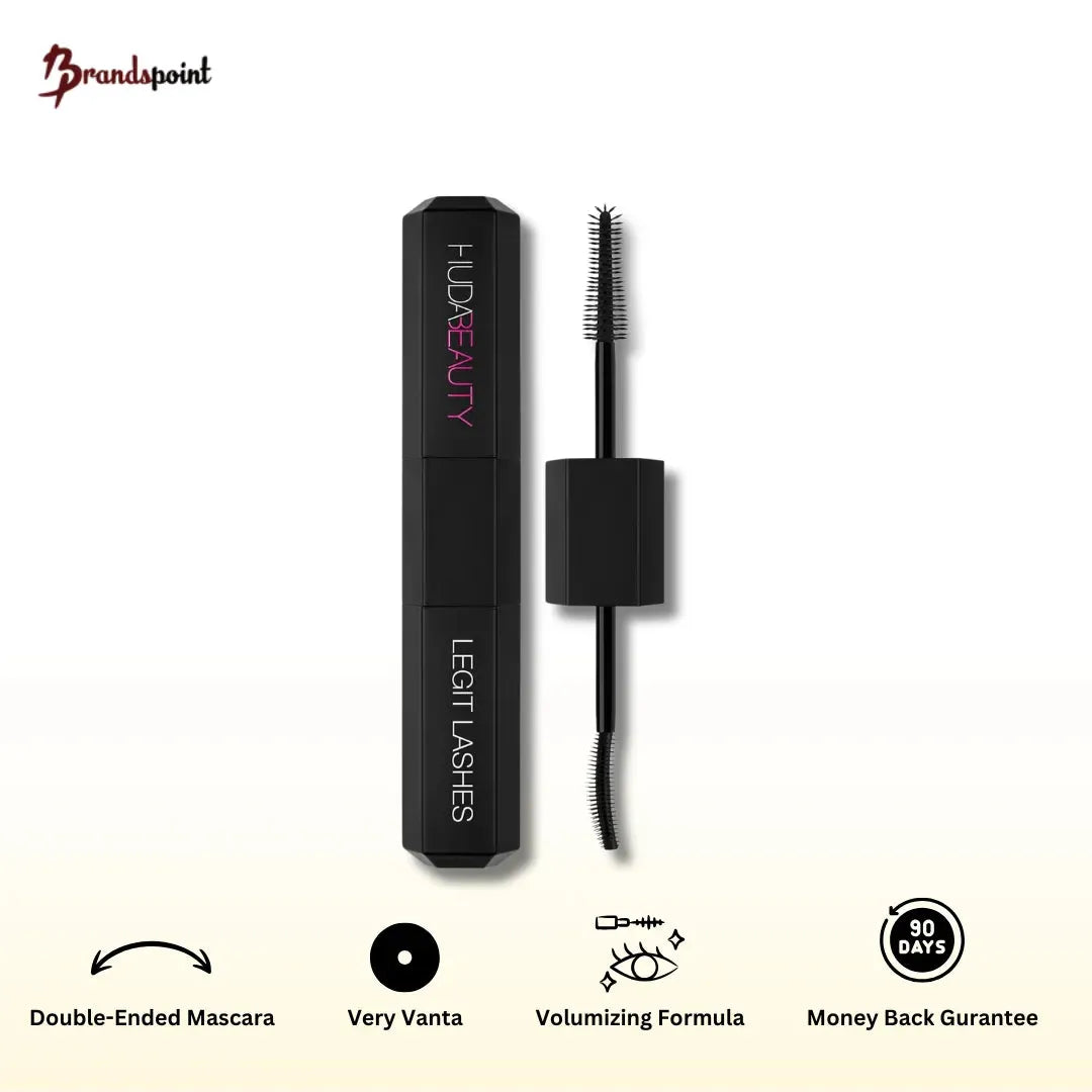 Huda Beauty Legit Lashes Double-Ended Mascara packaging front view with dual-ended tube