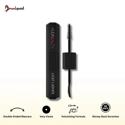 Huda Beauty Legit Lashes Double-Ended Mascara packaging front view with dual-ended tube