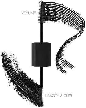 Huda Beauty double-ended mascara tube side view showing volume and curl sides