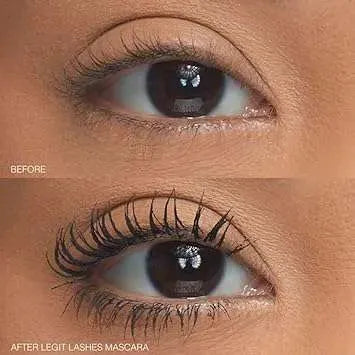 Swatch of Huda Beauty Legit Lashes ultra-black mascara formula showing intense color