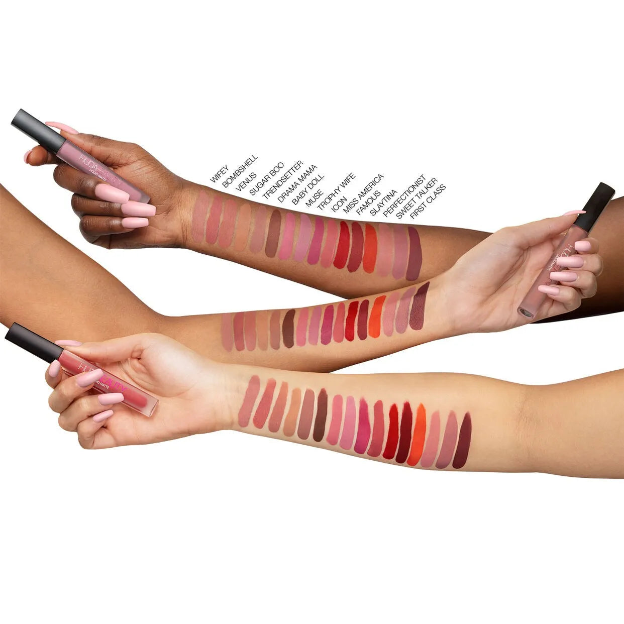 Swatch of Huda Beauty Liquid Matte lipstick Trophy Wife on skin
