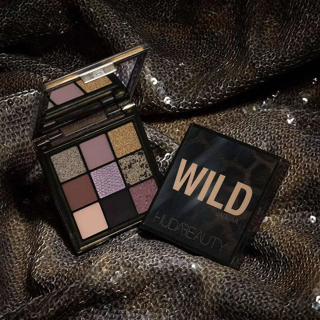 9 shade display of Huda Beauty Jaguar mini eyeshadow palette – cool tones
