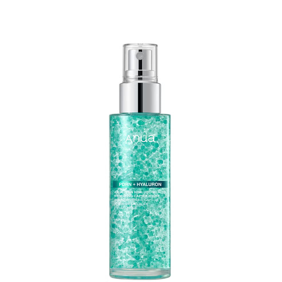 Anua PDRN + Hyaluronic Acid Hydrating Capsule Mist 100ml bottle on a clean, minimalist background, showcasing its sleek design and hydrating formula.