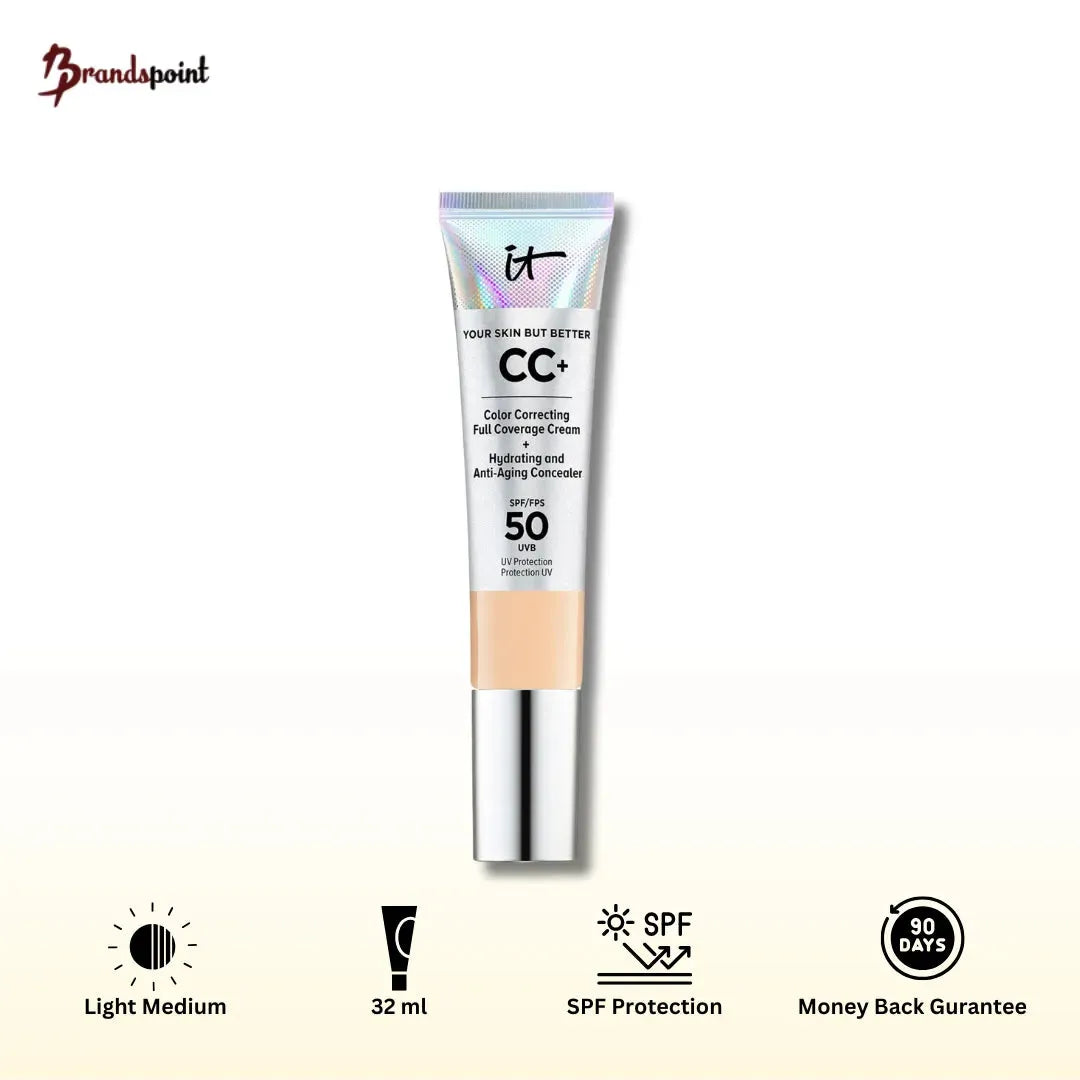 IT Cosmetics CC+ Cream SPF 50 Light Medium tube packaging front view full coverage color correcting anti-aging