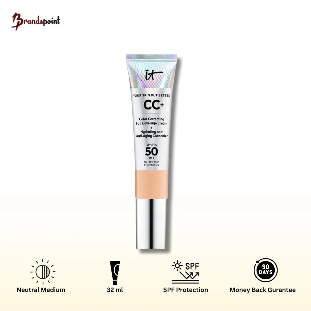 IT Cosmetics Your Skin But Better™ CC+ Cream SPF 50+ in Neutral Medium shade, full coverage color correcting foundation with anti-aging serum and physical sunscreen, product tube and swatch on skin