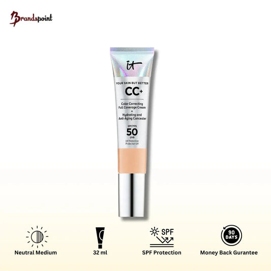IT Cosmetics Your Skin But Better™ CC+ Cream SPF 50+ in Neutral Medium shade, full coverage color correcting foundation with anti-aging serum and physical sunscreen, product tube and swatch on skin