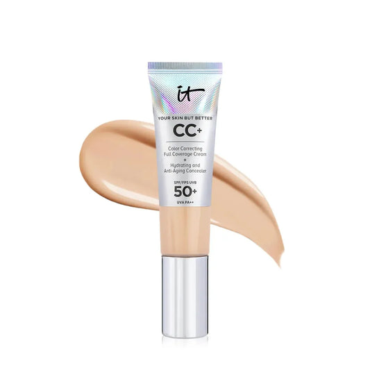 IT Cosmetics CC+ Cream SPF 50+ in shade Light Medium Warm - front view of tube showcasing product design