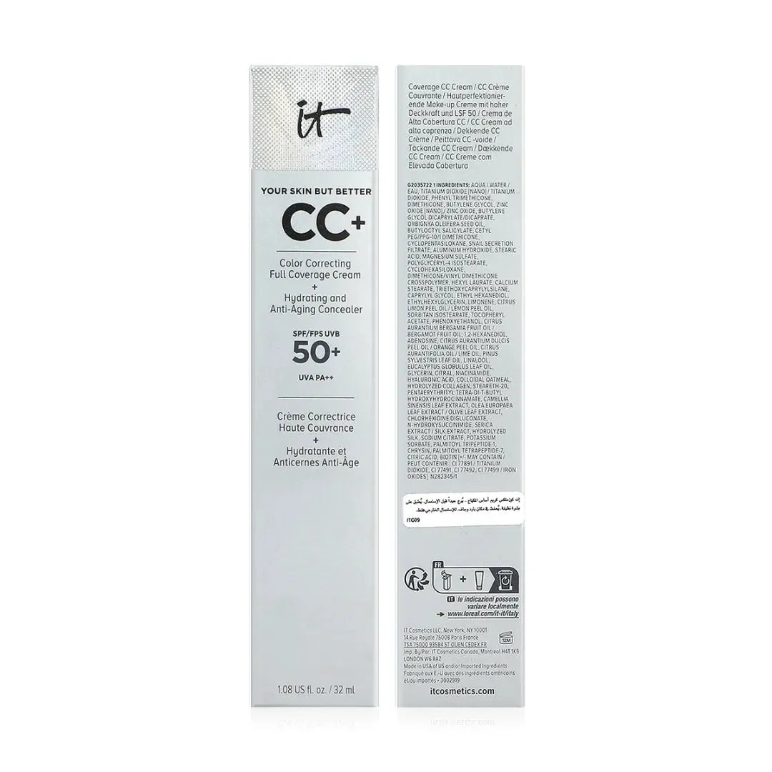IT Cosmetics CC+ Cream with SPF 50+ Light Medium Warm - back label showing ingredient list and directions