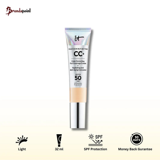 IT Cosmetics CC+ Cream SPF 50+ Light shade product tube on white background