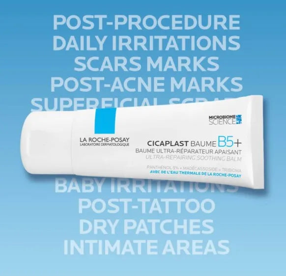 Close-up of rich, non-greasy La Roche-Posay Cicaplast Baume B5+ cream texture being applied to skin, showing its soothing formula