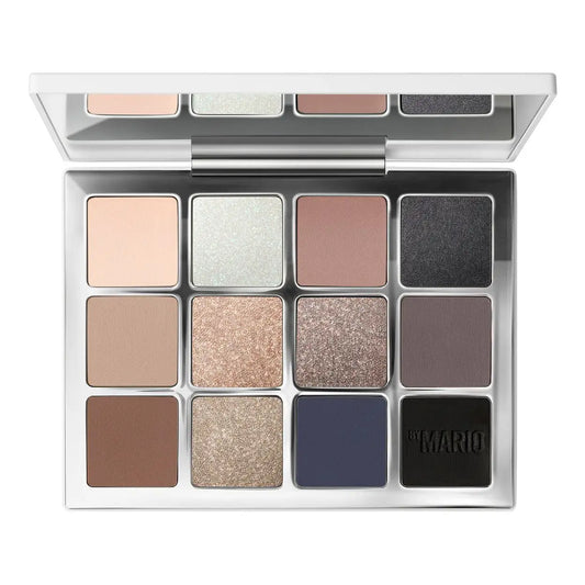 Makeup By Mario Ethereal Eyes Eyeshadow Palette Moonlight - Swatch of shades displaying glossy shimmer, sueded satin, sueded matte, and natural metallic finishes