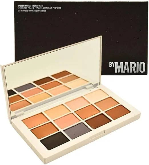 Makeup By Mario Master Mattes Eyeshadow Palette open, revealing 12 pro pigment, ultra-blendable matte shades, suitable for creating versatile and long-lasting eye makeup looks. Features neutral, warm, and cool tones.