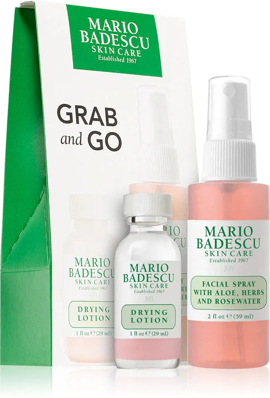 Mario Badescu Grab and Go travel set with Rosewater Facial Spray and Drying Lotion in travel sizes, placed on a white background